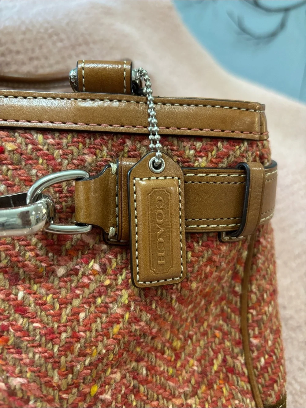 Coach Woven Tweed Top-Handle Satchel in Rust and Tan